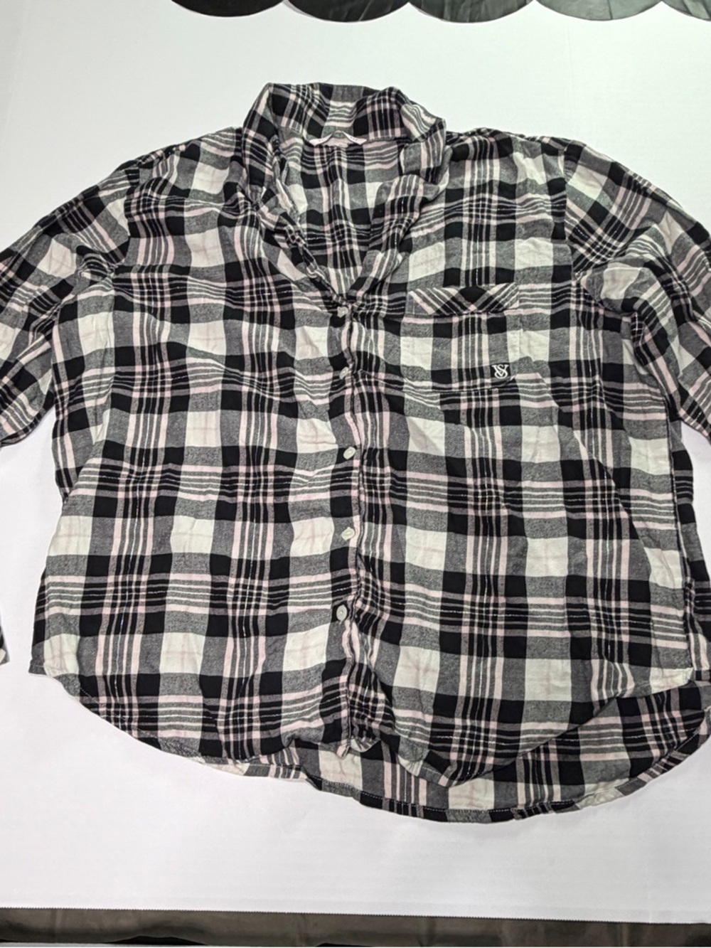 Victoria’s Secret Plaid Button Down pajama Shirt Black White Casual
